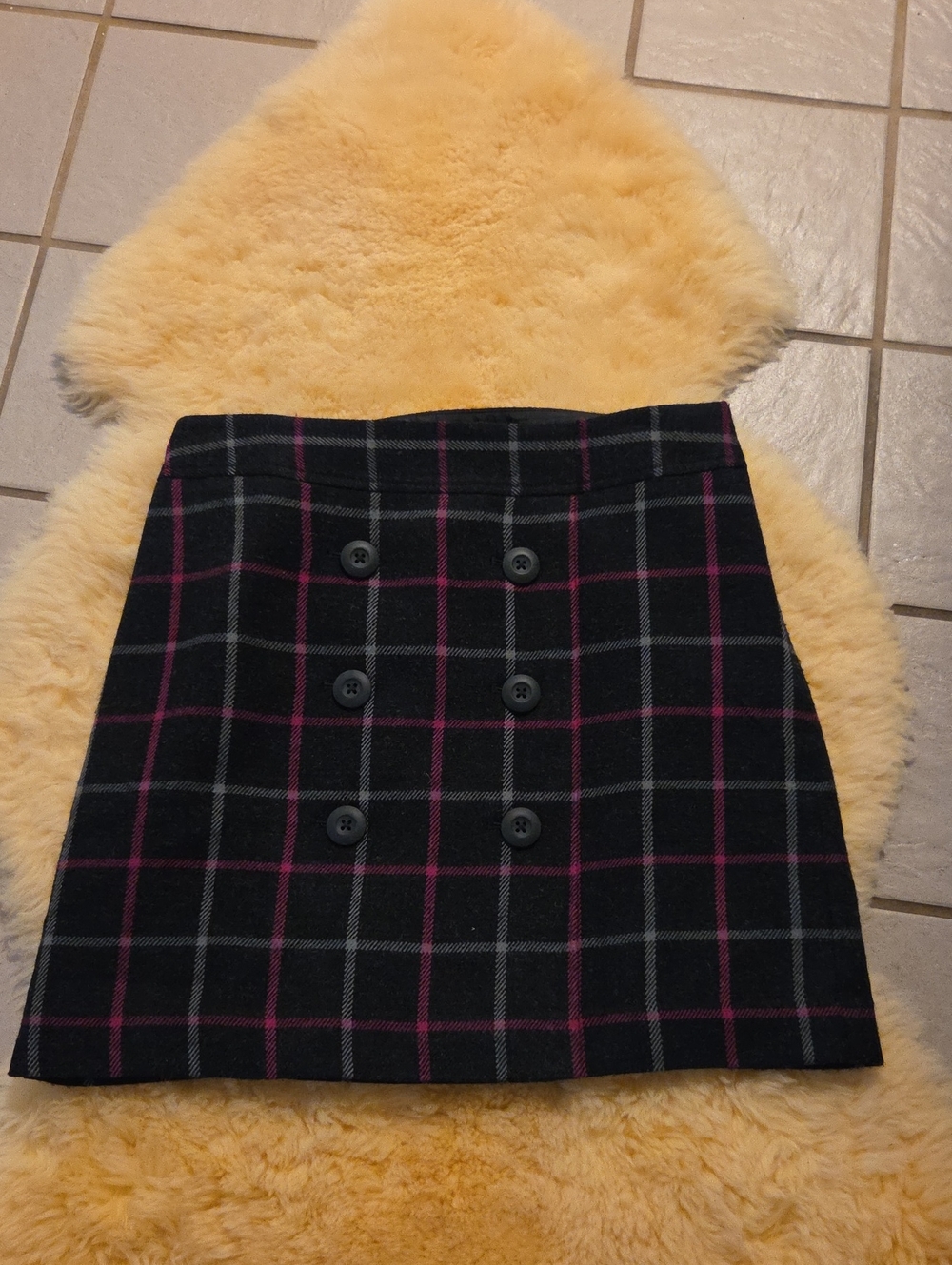 LOFT Black Plaid Button-Front Mini Skirt with Pink Windowpane